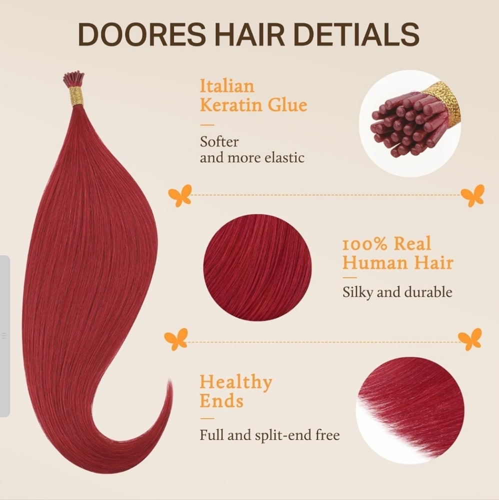 Doores 100% Human Hair Red Itip Keratin Bonded 18" Straight Extensions 25g - Picture 2 of 10
